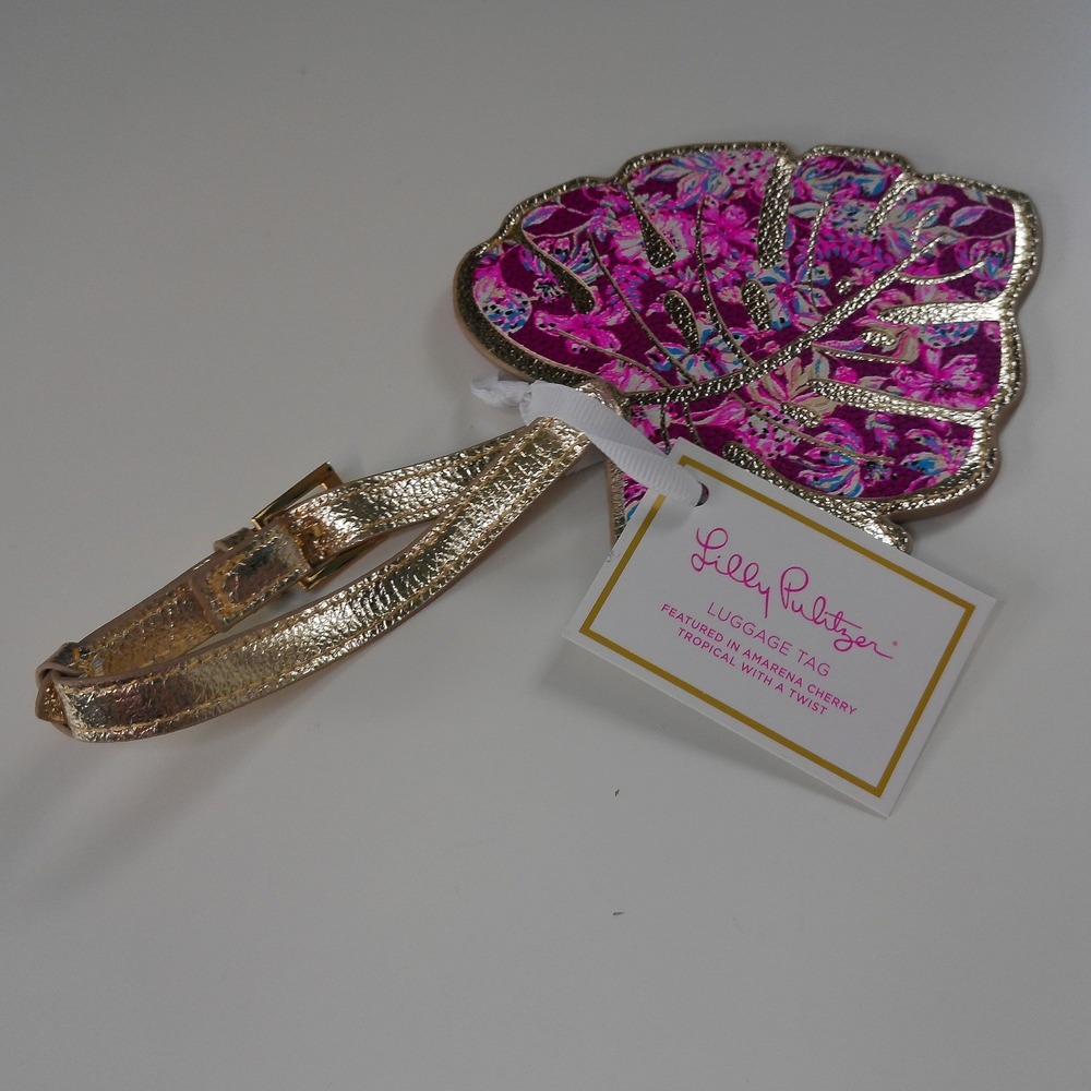 Lilly Pulitzer Amarena Cherry Palm Leaf Luggage Tag Gold Hardware 236210 NWT